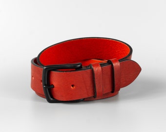 Personalized handmade 40mm wide red full-grain leather mens belt "Crimson" with free personalization and minimalist gift box