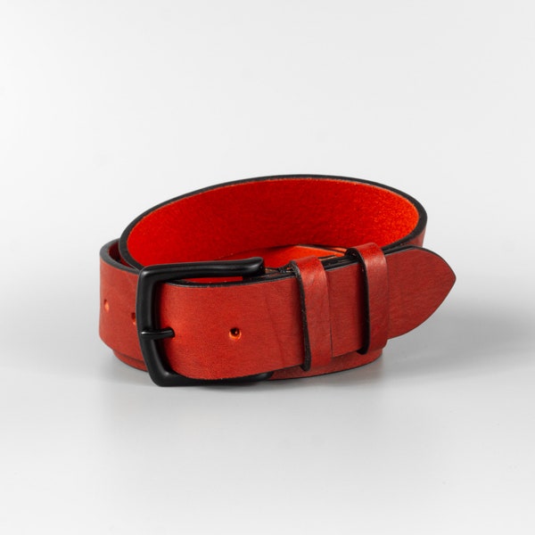 Personalized handmade 40mm wide red full-grain leather mens belt "Crimson" with free personalization and minimalist gift box