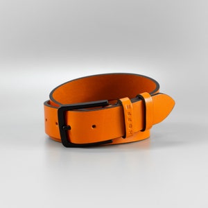 Personalized handmade 35mm wide orange full-grain leather mens belt Flame with free personalization and minimalist gift box image 1