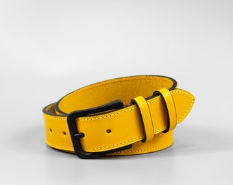 Personalised handmade 35mm wide yellow full-grain leather mens belt "Monza" with free personalisation and minimalist gift box