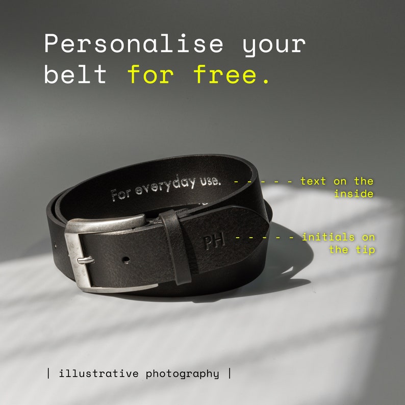 Personalised handmade 35mm wide black full-grain leather mens belt Modena with free personalisation and minimalist gift box image 5