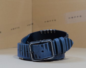 Limited edition creative handmade 40mm wide blue full-grain leather mens belt "Poseidon" with unique printed design and decorative rivets