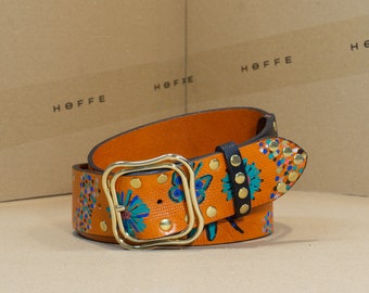 Limited edition creative handmade 40mm wide orange full-grain leather women's belt "Vivante" with unique hand-drawn design