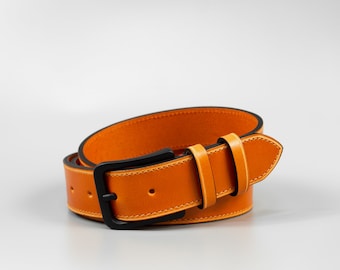 Personalised handmade 35mm wide orange full-grain leather mens belt "Palermo" with free personalisation and minimalist gift box
