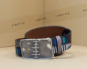 Limited edition creative handmade 40mm wide black full-grain leather men's belt "Craftex" with geometric printed design