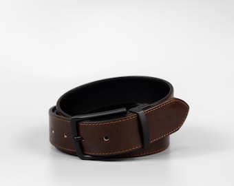 Personalized handmade reversible 35mm wide black and brown leather mens belt "Sanremo" with free personalization and minimalist gift box