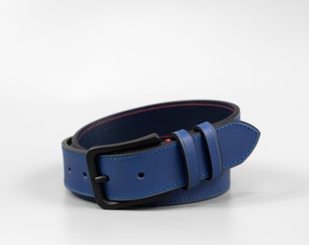 Personalised handmade 35mm wide blue full-grain leather mens belt "Novara" with free personalisation and minimalist gift box