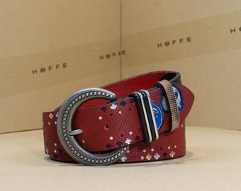 Limited edition creative handmade 40mm wide red full-grain leather women's belt "Arete" with unique printed and hand-drawn design