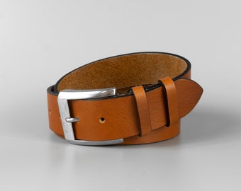 Personalized handmade 40mm wide brown full-grain leather mens belt "Travis" with free personalization and minimalist gift box