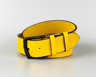 Personalized handmade 40mm wide yeloow full-grain leather mens belt "Yellow" with free personalization and minimalist gift box