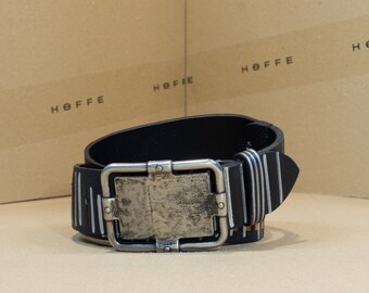Limited edition creative handmade 40mm wide black full-grain leather men's belt "Chroma" with geometric printed design