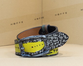 Limited edition creative handmade 40mm wide yellow full-grain leather unisex belt "Imprinto" with unique printed and hand-drawn design