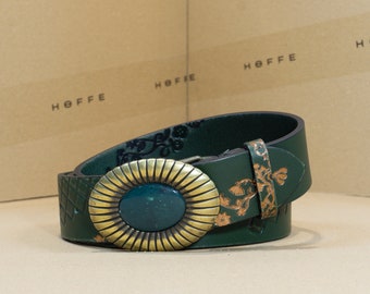 Limited edition creative handmade 40mm wide green full-grain leather women's belt "Noveau" with unique printed design