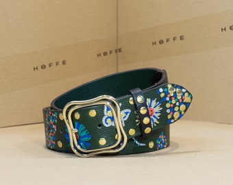 Limited edition creative handmade 40mm wide green full-grain leather women's belt "Galore" with unique hand-drawn design
