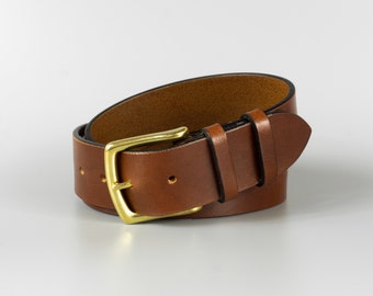 Personalized handmade 40mm wide brown full-grain leather mens belt "Morris" with free personalization and minimalist gift box
