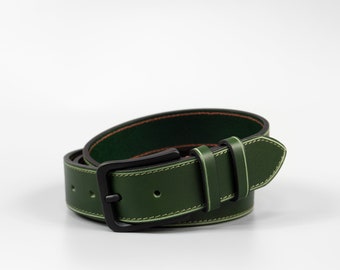 Personalised handmade 35mm wide green full-grain leather mens belt "Lucca" with free personalisation and minimalist gift box