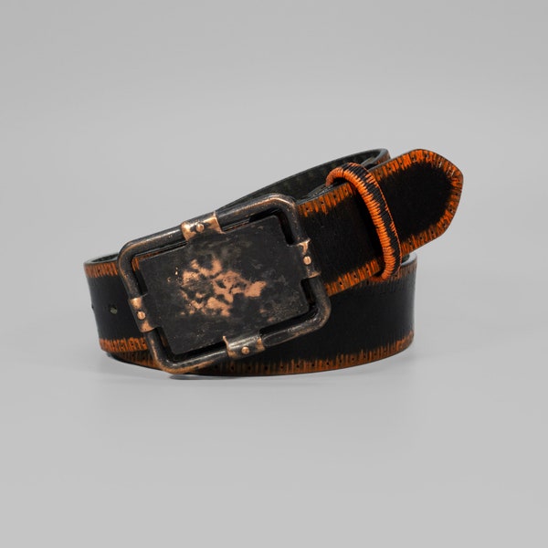 Cinturón unisex "Aubree" de piel flor negra de 40 mm de ancho, hecho a mano, con personalización gratuita y caja de regalo minimalista