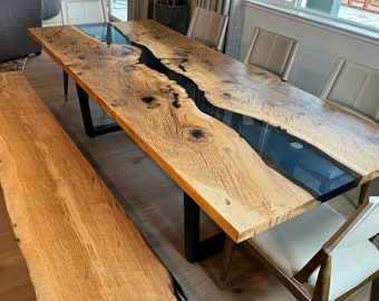 Oak River Table, Epoxy River Table, Dining Table, Waterfall Bench, Interior Design, Home Decor