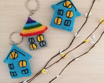 Keychain charm, Cottage keychain, Keyring Key, Stand with Ukraine, Blue and yellow, Rainbow keychain, LGBT Keyfob, Crochet house, Sweet home