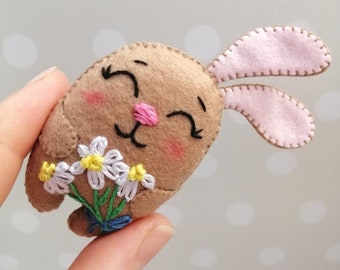 Felt bunny, Miniatire bunny, Pocket hug to friends, Small plushie, Personalized gift, Cheer up gift, Felt animals, Embroidered flowers