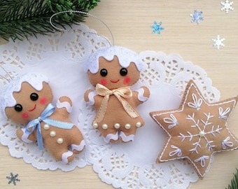 Adorno navideño de fieltro, hombre de jengibre de fieltro, adorno de pan de jengibre, adornos de galletas navideñas, decoraciones para el árbol