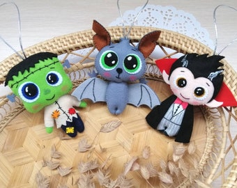 Adornos de fieltro de Halloween, Fieltro halloween, Peluche de Halloween, Estandarte de Halloween, Murciélago de Halloween, Halloween Kawaii, Drácula, Frankenstein, Vampiro