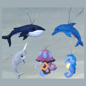 Criaturas marinhas de feltro, Animais marinhos de feltro, Móbile para bebês do oceano, Baleia, Narval, Golfinho, Cavalo, Água-viva, Animais marinhos, Chá de bebê no fundo do mar