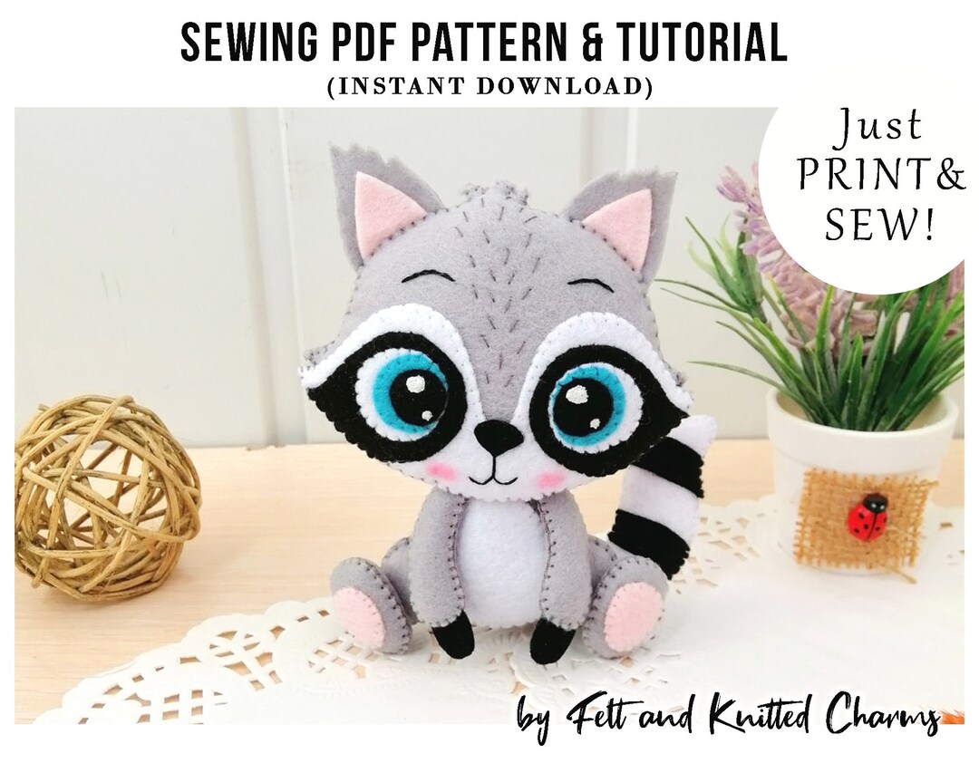 Raccoon PDF Pattern, Woodland Animals, DIY, Felt Raccoon, Nursery Decor ...