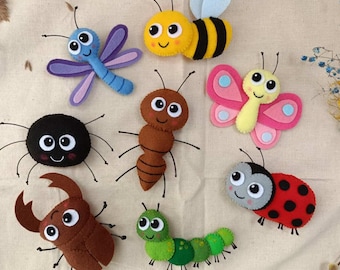 Conjunto de Insetos Fofos de Feltro, Mini Brinquedos de Pelúcia de Insetos, Brinquedo Educativo Montessori, Joaninha, Abelha, Lagarta, Aranha, Insetos, Presente para Crianças, Decoração para Quarto Infantil
