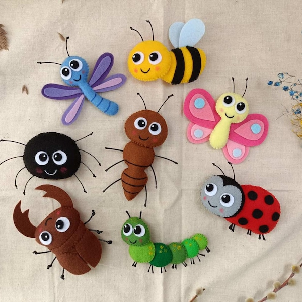 Cute Felt Bugs Set, Mini Insect Plush Toys, Montessori Learning Toy, Ladybug, Bee, Caterpillar, Spider, Bugs, Gift for Kids, Nursery Decor