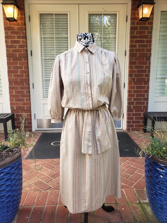 Vintage Tan Collared Striped Shirt Dress - image 4