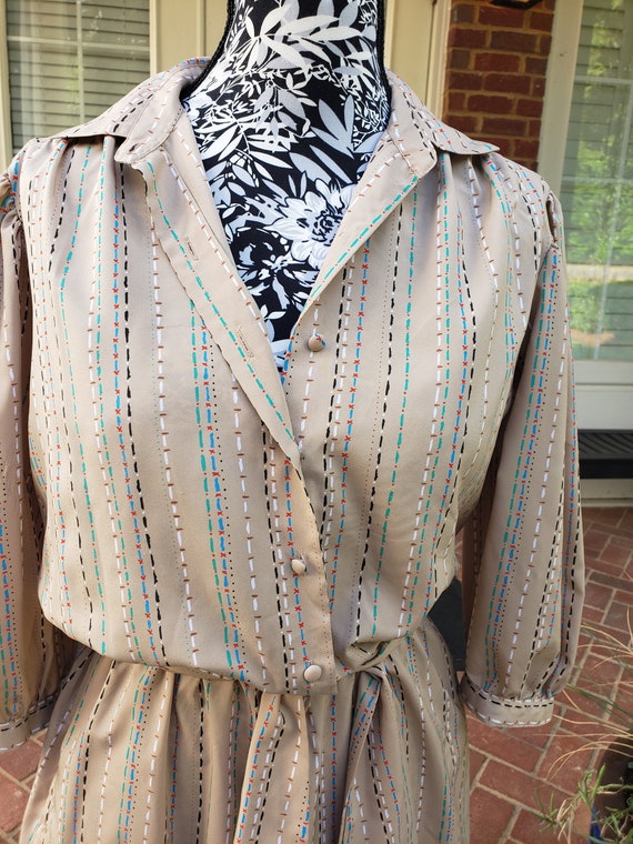 Vintage Tan Collared Striped Shirt Dress - image 2