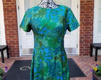 Blue and Green Floral Silk Vintage Dress