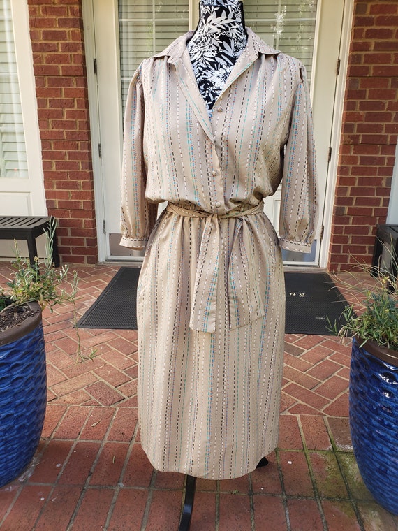 Vintage Tan Collared Striped Shirt Dress - image 1