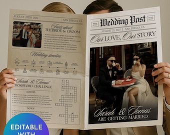 Wedding Newspaper Template Edit on Canva incl. Custom Crossword, Newspaper Wedding Program, Wedding Photoshoot Newspaper, Wedding Ceremony