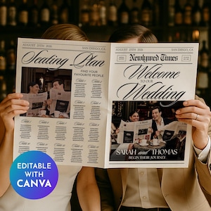 May include: A couple holds a newspaper-style wedding seating chart and welcome sign. The newspaper headlines read "Seating Plan" and "Newlywed Times Welcome to our Wedding." The chart is dated August 25th, 2026, and includes the text "Find your favourite people."