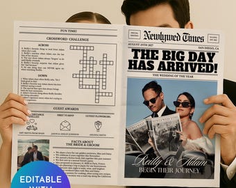 Wedding Newspaper Template Edit on Canva incl. Custom Crossword, Newspaper Wedding Program, Wedding Photoshoot Newspaper, Wedding Ceremony