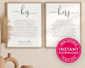 His and Hers Wedding Vows Wall Art Print Template Instant Download, Anniversary Gift, Wedding Gift, Matching Set of 2, 1st anniversary gift