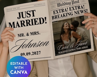 Wedding Newspaper Template with Photo, Wedding Newspaper Template, Wedding Program, Newlywed Times, Editable Newspaper Itinerary, Marriage