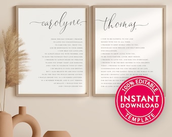 His and Hers Wedding Vows Wall Art Print Template Instant Download, Anniversary Gift, Wedding Gift, Matching Set of 2, 1st anniversary gift