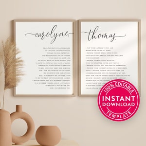 His and Hers Wedding Vows Wall Art Print Template Instant Download, Anniversary Gift, Wedding Gift, Matching Set of 2, 1st anniversary gift image 1