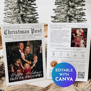 Plantilla de tarjeta navideña con foto, descarga digital de tarjeta navideña de periódico, tarjetas navideñas familiares, tarjeta con mensaje de feliz Navidad en Canva