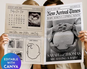 Zwangerschap aankondiging krant sjabloon, zwangerschap onthullen krant Canva sjabloon, baby aankondiging krant, babyshower krant
