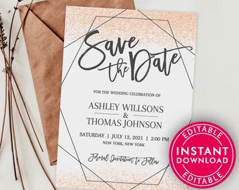 Save the Date Wedding Template, Rose Gold Wedding Invitation Digital Download, Printable Save the Date, Save The Date Instant Download