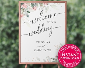 Rose Wedding Welcome Sign Template, Welcome Sign Wedding, Wedding Welcome Sign Printable, Printable Wedding Welcome Sign, Digital Download