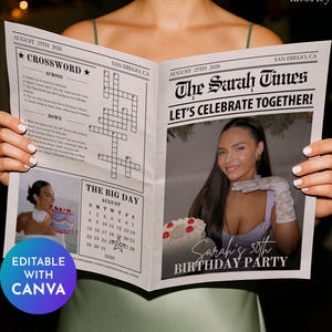 Birthday Newspaper Canva Template, Birthday Invitation Template, Birthday Program, Large Birthday Newspaper, Editable Newspaper Itinerary