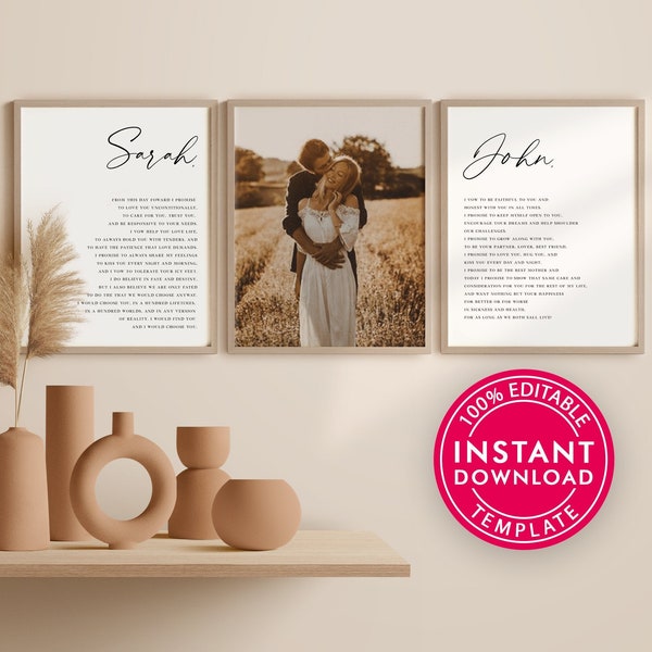 His and Hers Wedding Vows Wall Art Template, Long Wedding Vows With Photo, Custom Wedding Vows Renewal Gift, Wedding Anniversary Gift