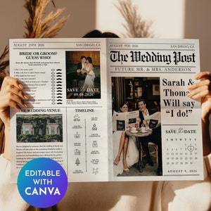 Op de afbeelding: Een huwelijksaankondiging in de stijl van een krant. De kop is "The Wedding Post" met de namen van het paar, Sarah & Thomas, en de datum 9 augustus 2026. De aankondiging bevat een foto van het paar en een save-the-date-kalender.