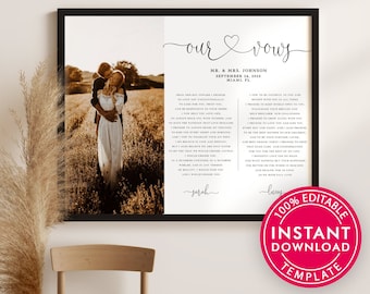 May include: A printable wedding vow template with a photo of a couple in a field. The vows are written in a cursive font and include the text "our & vows" and "MR. & MRS. JOHNSON".