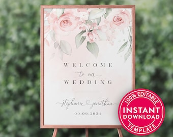 Rose Floral Wedding Welcome Sign Template, Welcome Sign Wedding, Editable Wedding Welcome Sign Printable, Printable Wedding Welcome Sign